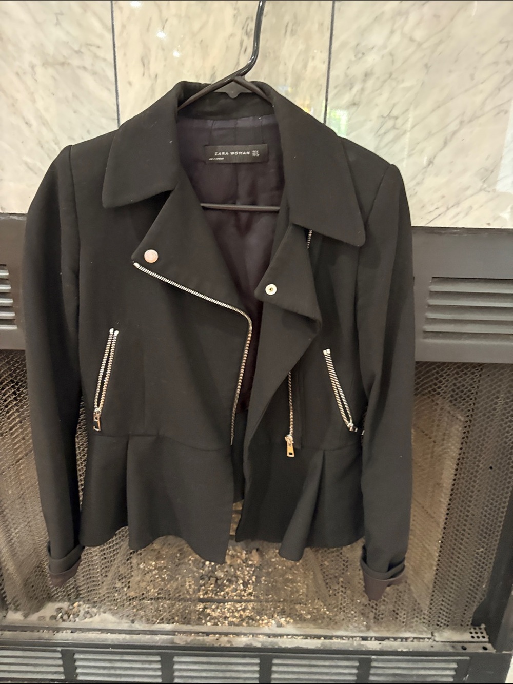 Zara Black Asymmetric Peplum Moto Jacket with Silver Hardware